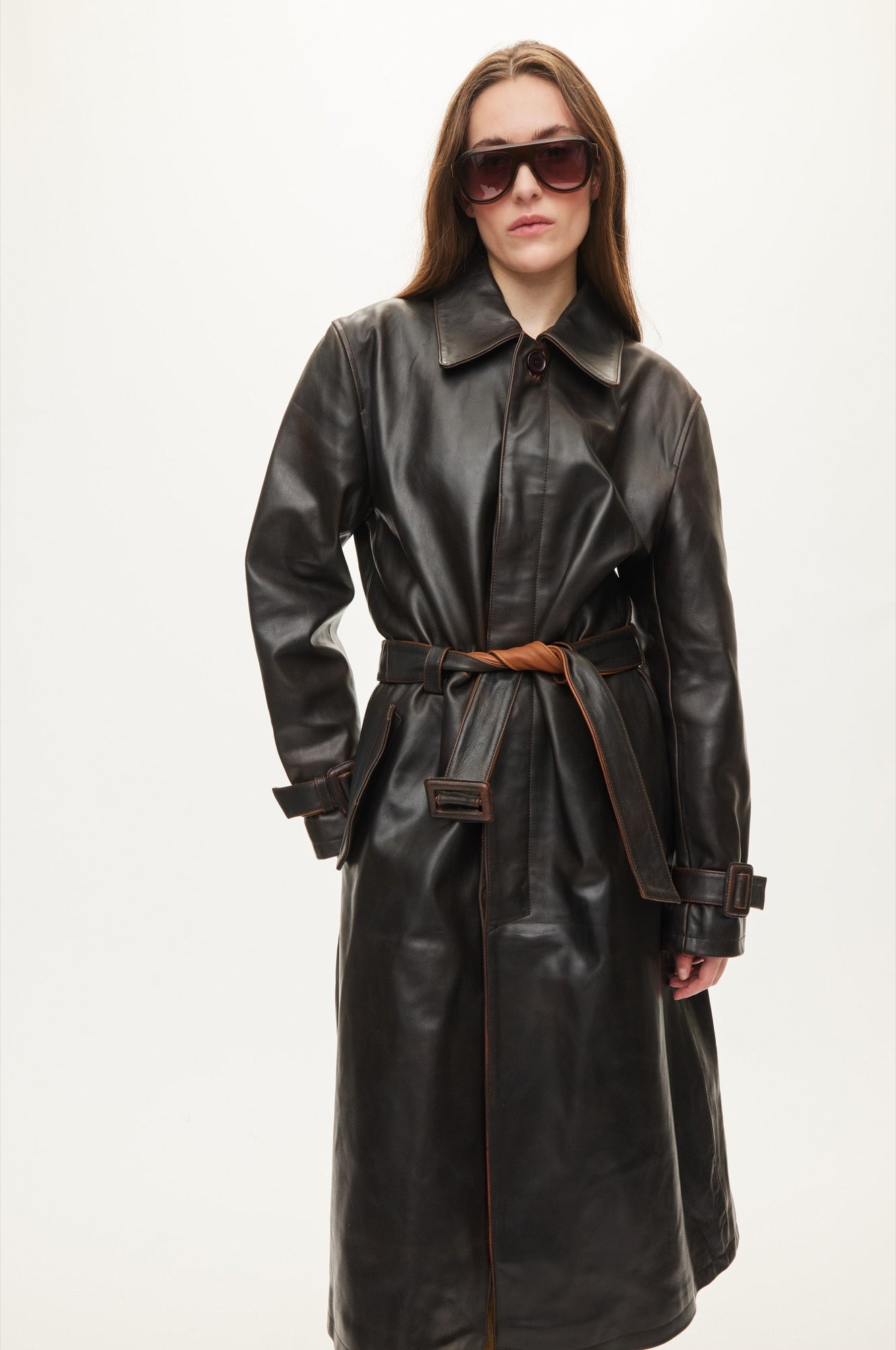 Oval Square Spike Leather coat JACKETS Dark Brown