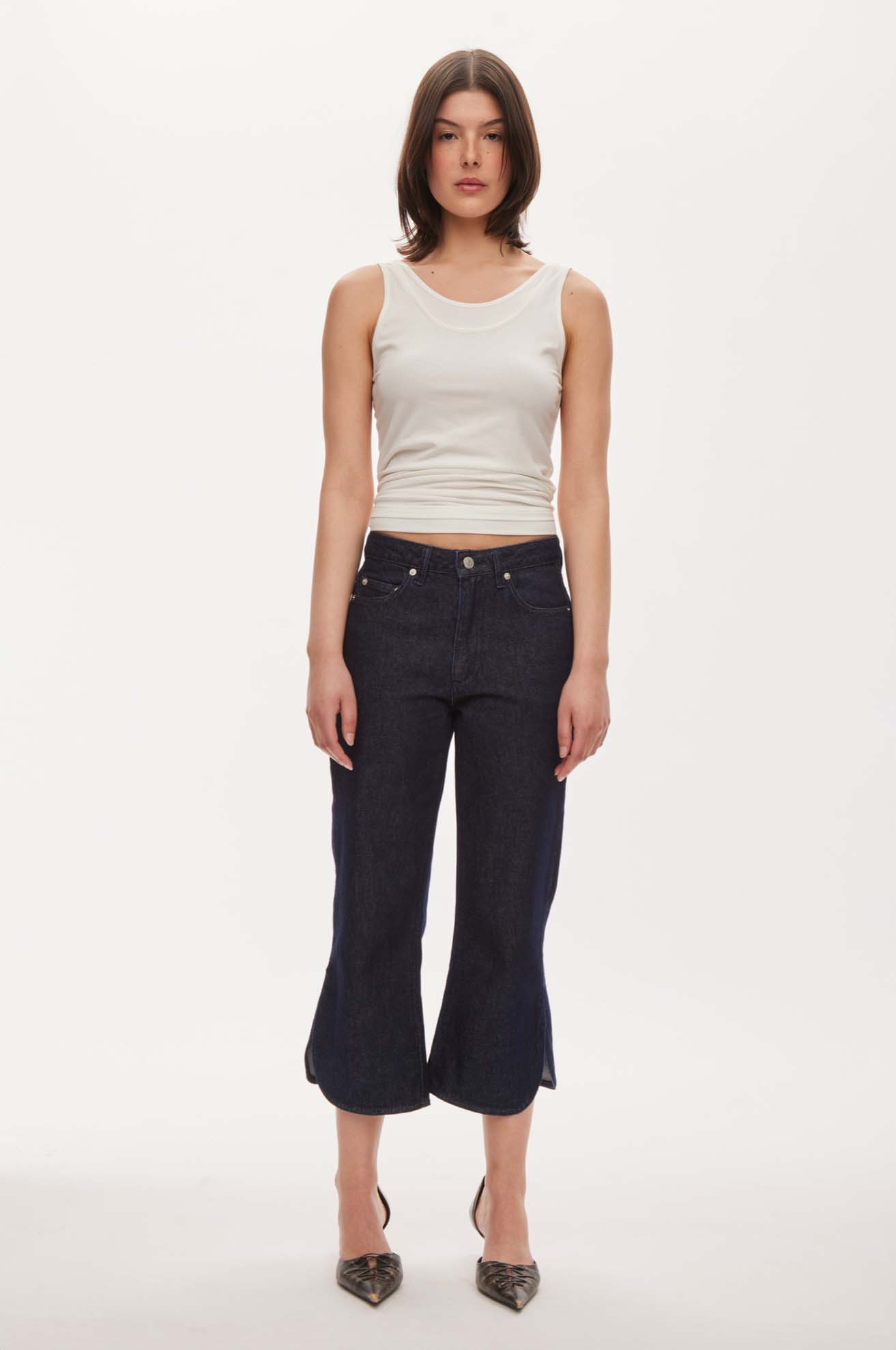 Oval Square Split denim capri SHORTS Raw dark blue