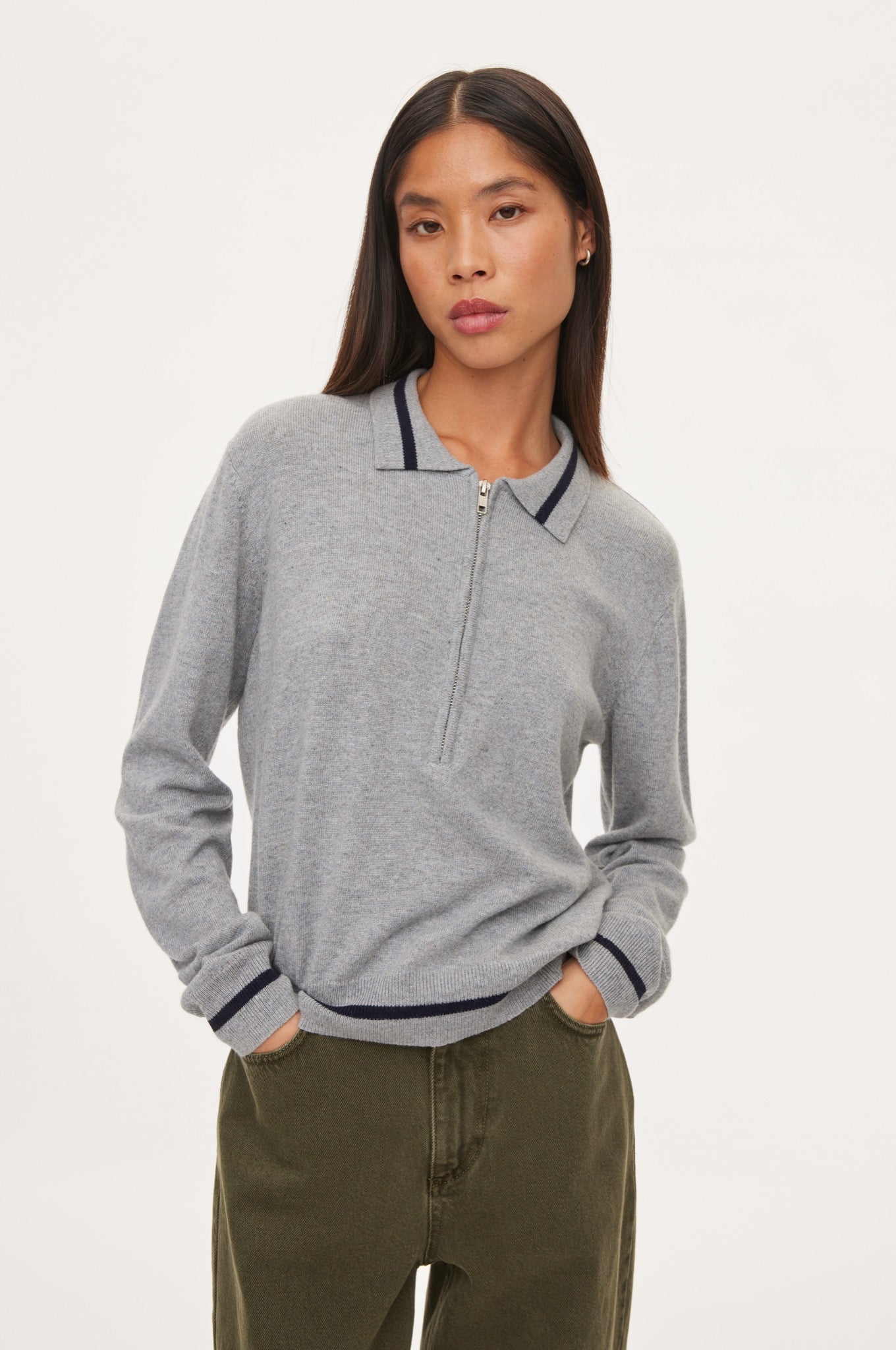 Oval Square Vika LS Zip Polo KNITS 7002 Grey Mel