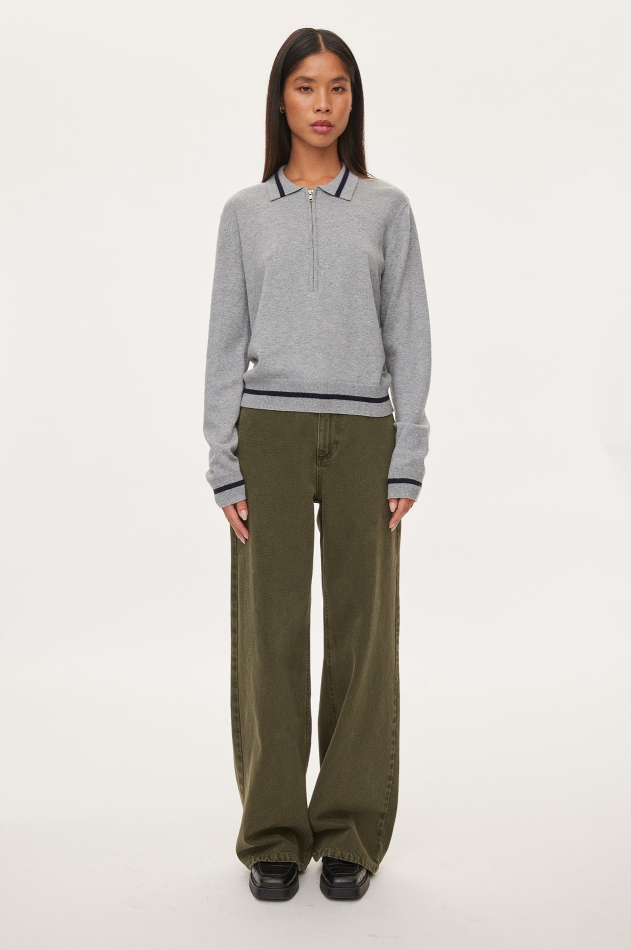 Oval Square Vika LS Zip Polo KNITS 7002 Grey Mel