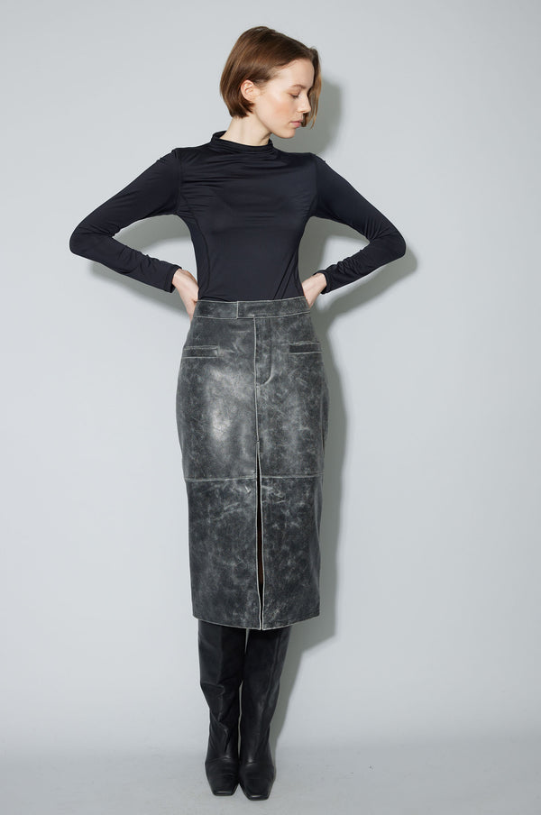 Worn Leather Midi Skirt